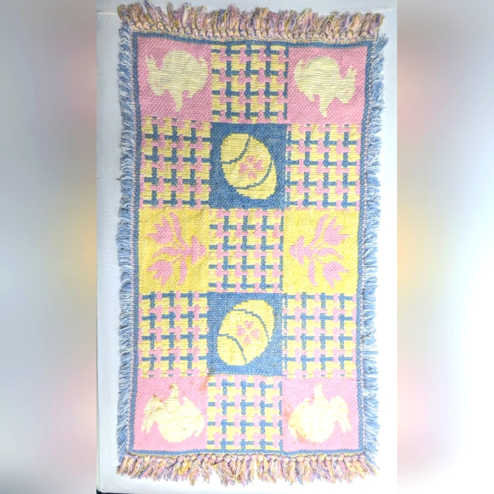 Vintage 1997 Hand Woven Easter Throw Rug 20" × 40" pastels N-1